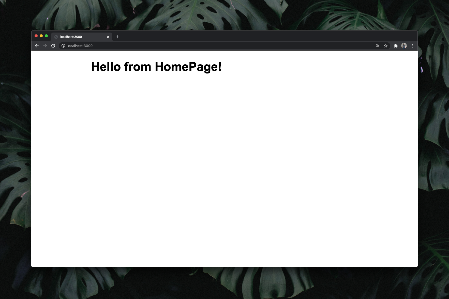 A white webpage that reads "Hello from HomePage!" in black text.